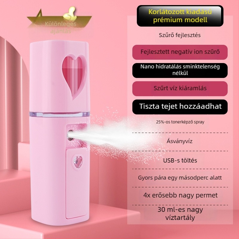 Kézben tartott hidratáló permetező készülék – hideg permet, nano köd, beépített 300–500 mAh akkumulátor, permetezési idő max. 10 s, 1. fokozat