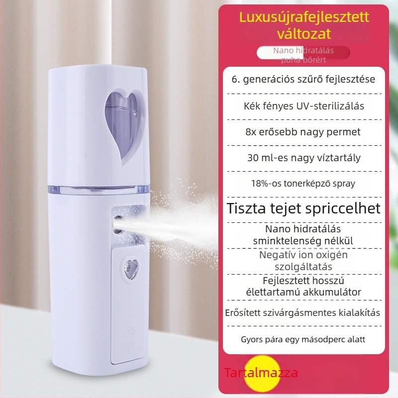 Kézben tartott hidratáló permetező készülék – hideg permet, nano köd, beépített 300–500 mAh akkumulátor, permetezési idő max. 10 s, 1. fokozat