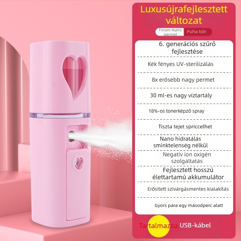 Kézben tartott hidratáló permetező készülék – hideg permet, nano köd, beépített 300–500 mAh akkumulátor, permetezési idő max. 10 s, 1. fokozat