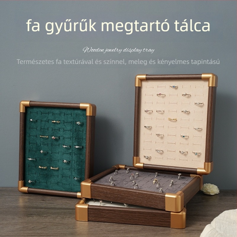 Fedéllel ellátott tömörfa gyűrűk bemutató tál, tömörfa ékszertartó, fejlett forma, összeillesztett kivitelezés, luxus stílus