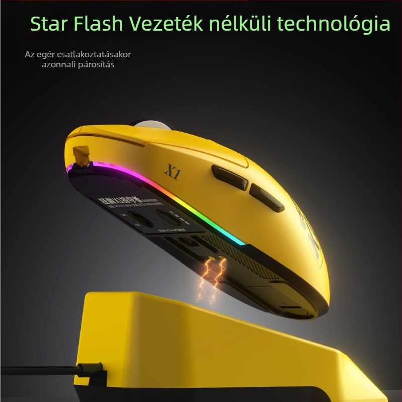 Játék egér vezeték nélküli töltő dokkolóval, RGB makro programozás, X1 Predator modell, 1200 dpi, 6 DPI szint, 5 gomb, 1,8 m hatótáv