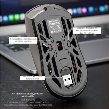 Smailwolf optikai vezeték nélküli gaming egér Bluetooth+2.4G, 10000 DPI, USB interfész, 10 m hatótáv, 6 gomb