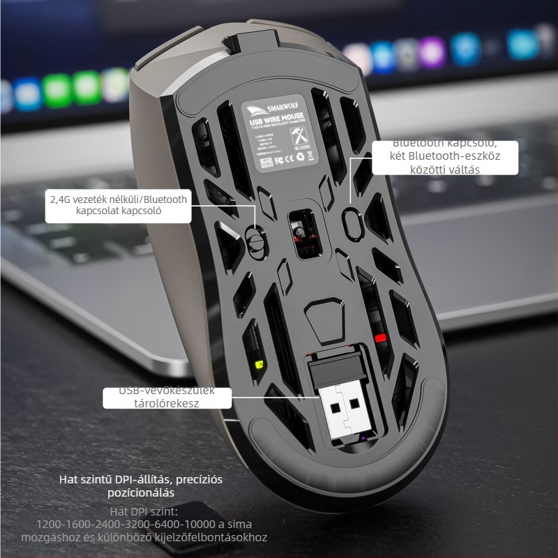 Smailwolf optikai vezeték nélküli gaming egér Bluetooth+2.4G, 10000 DPI, USB interfész, 10 m hatótáv, 6 gomb