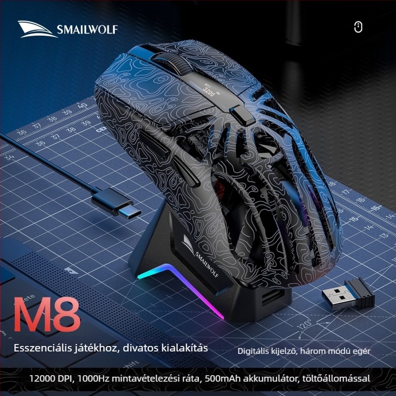 Smailwolf optikai vezeték nélküli gaming egér Bluetooth+2.4G, 10000 DPI, USB interfész, 10 m hatótáv, 6 gomb