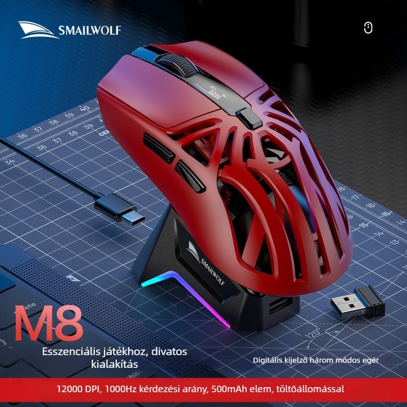 Smailwolf optikai vezeték nélküli gaming egér Bluetooth+2.4G, 10000 DPI, USB interfész, 10 m hatótáv, 6 gomb