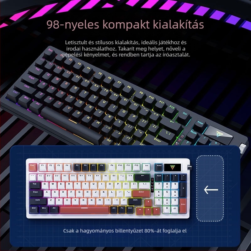 Jingdi G98 Mechanikus billentyűzet - Vezeték nélküli Bluetooth három móddal, hot-swappable, RGB háttérvilágítás PC-hez