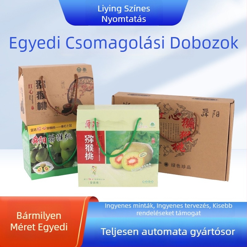 Gyümölcs- és ajándékdobozok hullámkartonból, ofszetnyomtatás és forró hímzés; logó nélkül; anyag: karton