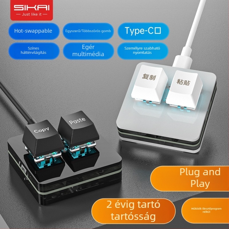 Személyre szabott mini kétgombos keypad, mechanikus vörös tengelyes billentyűk, USB vezetékes, 1 m kábel, ABS ház, egyszínű háttérvilágítás