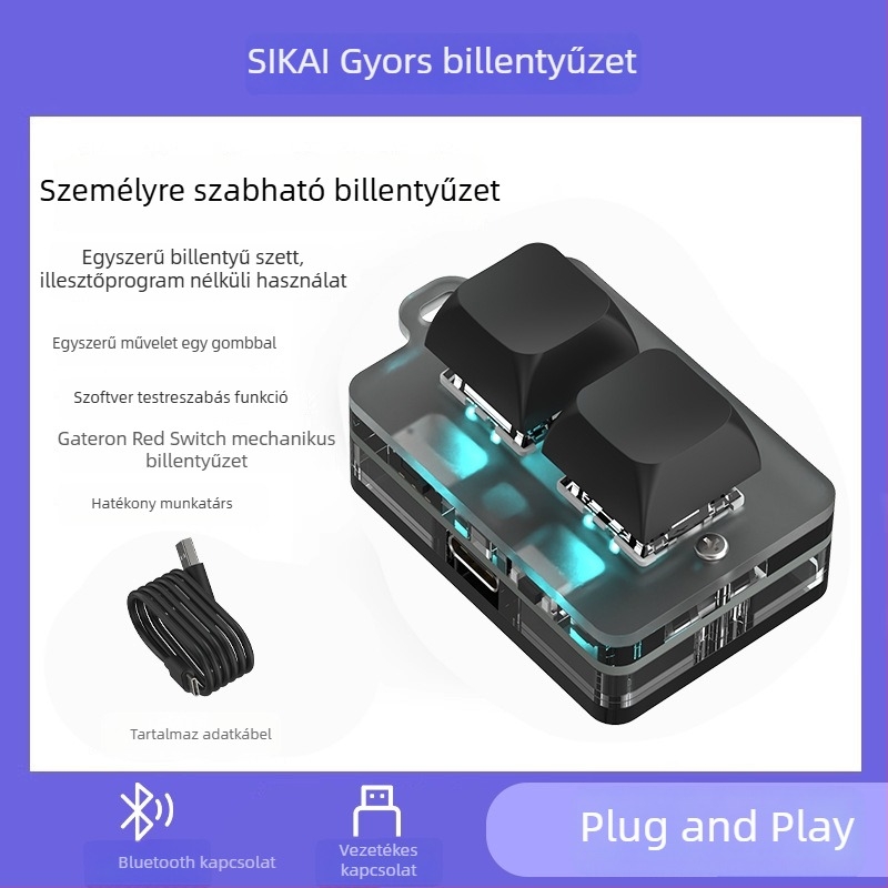 Személyre szabott mini kétgombos keypad, mechanikus vörös tengelyes billentyűk, USB vezetékes, 1 m kábel, ABS ház, egyszínű háttérvilágítás