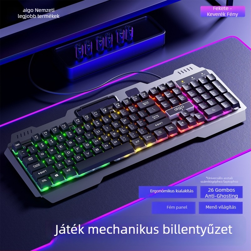 Patriot Af104 billentyűzet- és egérkészlet, vezetékes, fém váz, 108 billentyű, mechanikus érzet, kevert háttérvilágítás