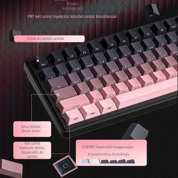 87 billentyűs mechanikus billentyűzet kék kapcsolókkal, PBT sapkák, RGB háttérvilágítás, USB interfész