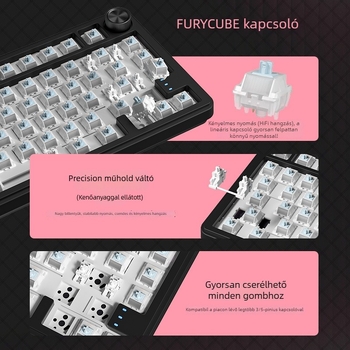87 billentyűs mechanikus billentyűzet kék kapcsolókkal, PBT sapkák, RGB háttérvilágítás, USB interfész