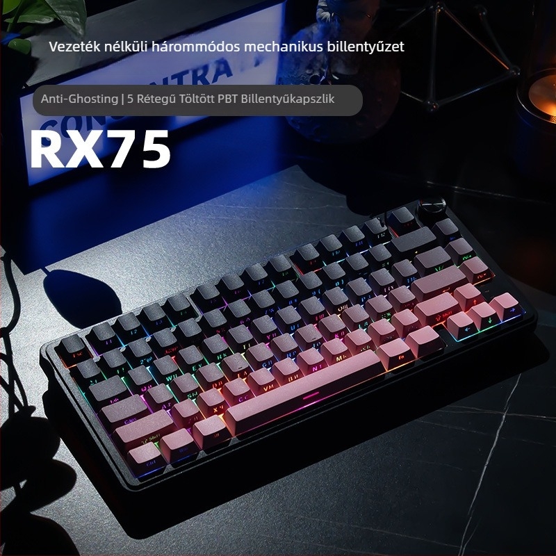 87 billentyűs mechanikus billentyűzet kék kapcsolókkal, PBT sapkák, RGB háttérvilágítás, USB interfész