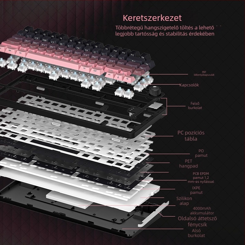 87 billentyűs mechanikus billentyűzet kék kapcsolókkal, PBT sapkák, RGB háttérvilágítás, USB interfész