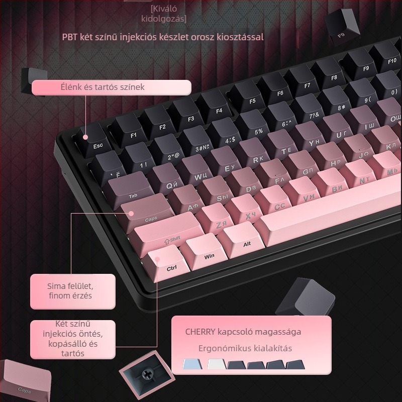 87 billentyűs mechanikus billentyűzet kék kapcsolókkal, PBT sapkák, RGB háttérvilágítás, USB interfész