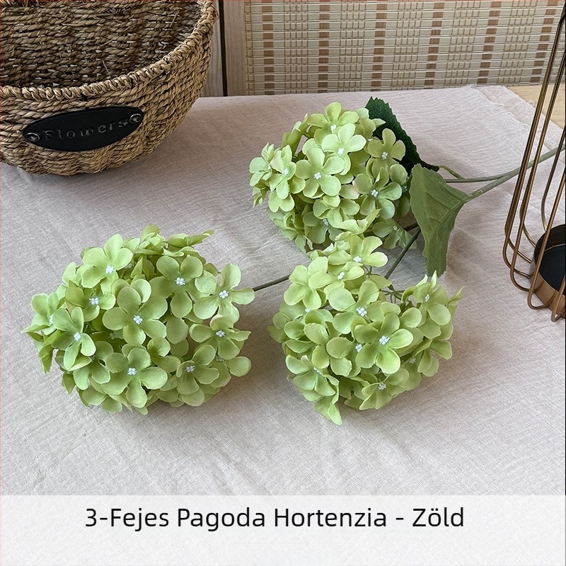 Orange selyemvirágokból készült 3-fejű pagoda hortenzia virágkompozíció – reliefes stílus esküvőre és otthoni dekorációhoz