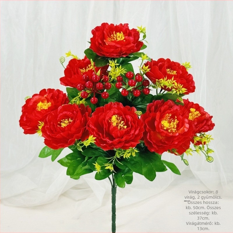 Mesterséges peónia virágcsokor, 10 fejű, műanyag és selyem/szárított virágok, beltéri és kültéri dekoráció