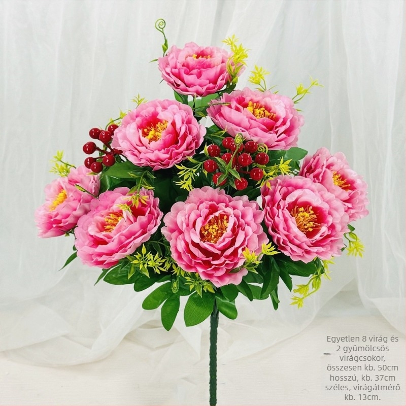 Mesterséges peónia virágcsokor, 10 fejű, műanyag és selyem/szárított virágok, beltéri és kültéri dekoráció