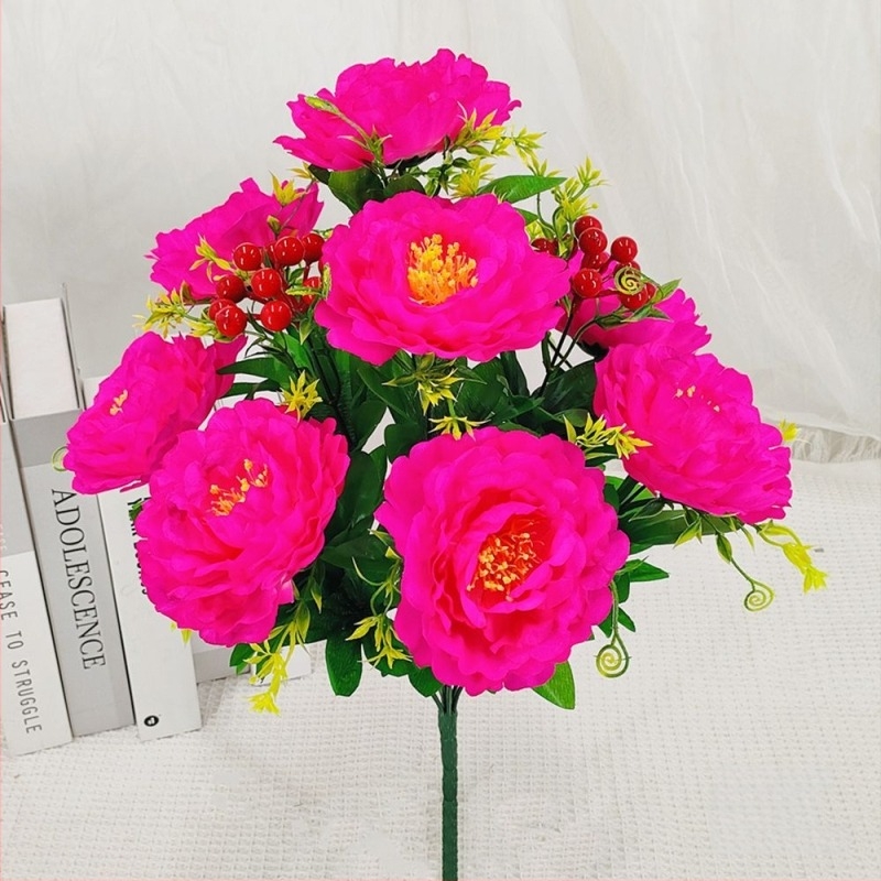 Mesterséges peónia virágcsokor, 10 fejű, műanyag és selyem/szárított virágok, beltéri és kültéri dekoráció