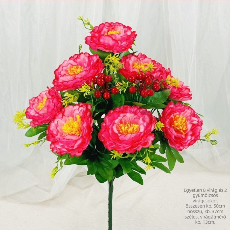 Mesterséges peónia virágcsokor, 10 fejű, műanyag és selyem/szárított virágok, beltéri és kültéri dekoráció