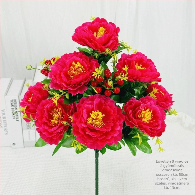 Mesterséges peónia virágcsokor, 10 fejű, műanyag és selyem/szárított virágok, beltéri és kültéri dekoráció