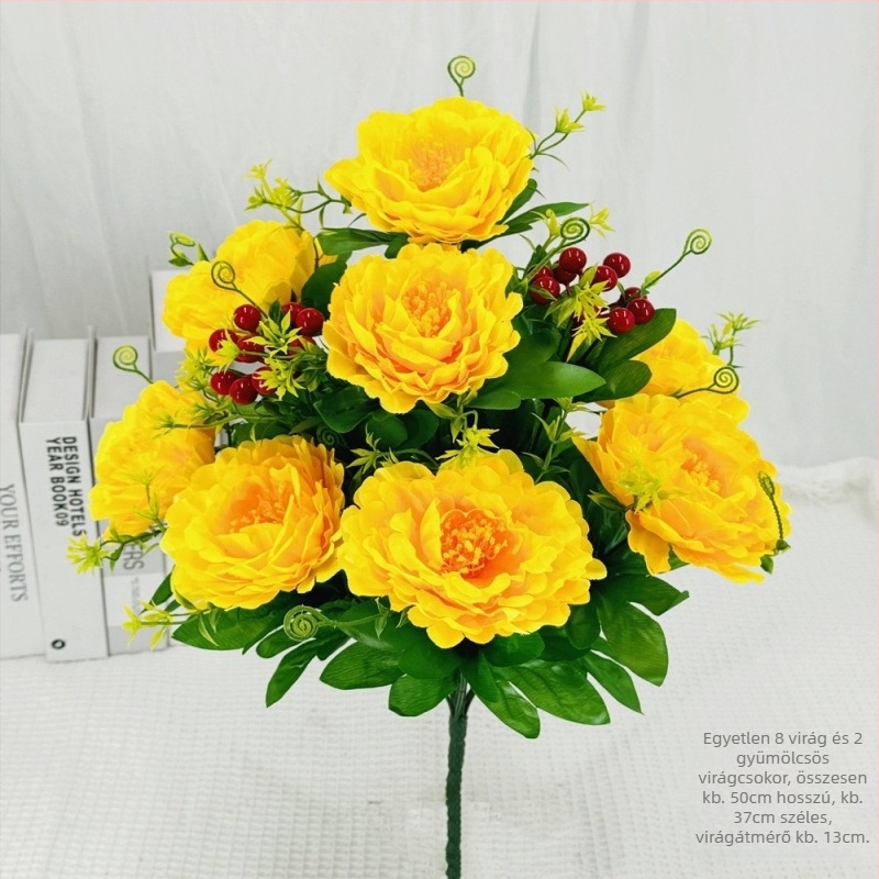 Mesterséges peónia virágcsokor, 10 fejű, műanyag és selyem/szárított virágok, beltéri és kültéri dekoráció