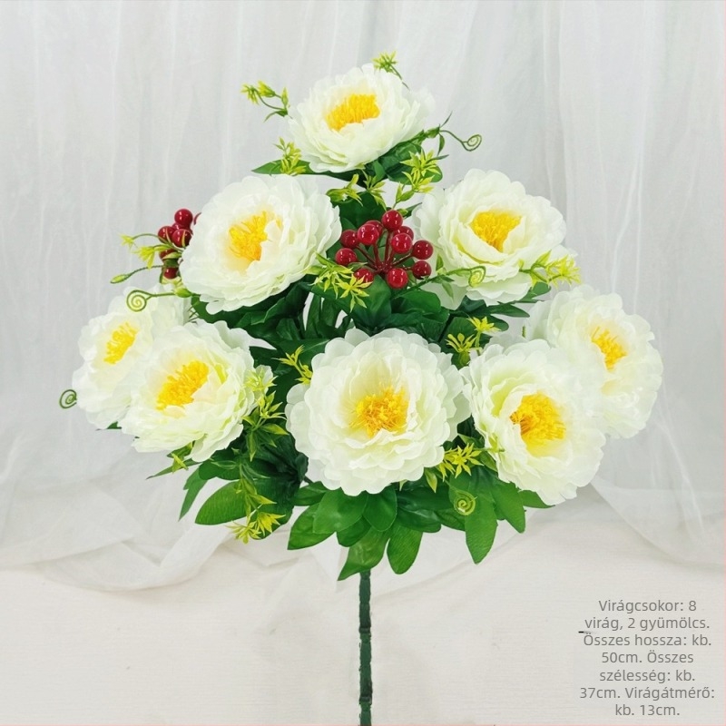 Mesterséges peónia virágcsokor, 10 fejű, műanyag és selyem/szárított virágok, beltéri és kültéri dekoráció