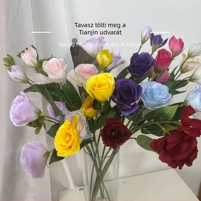 Mesterséges lisianthus virágcsokor, 6 fejű, selyem virág, injekciós öntési technikával készült, esküvői és nappali dekorációhoz
