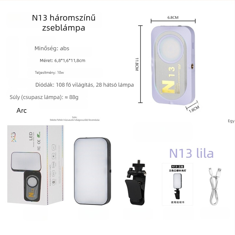 Mini töltőfény fotóhoz, élő közvetítéshez és szelfihez, YOLANS N13, 10–50W, három színhőmérséklet