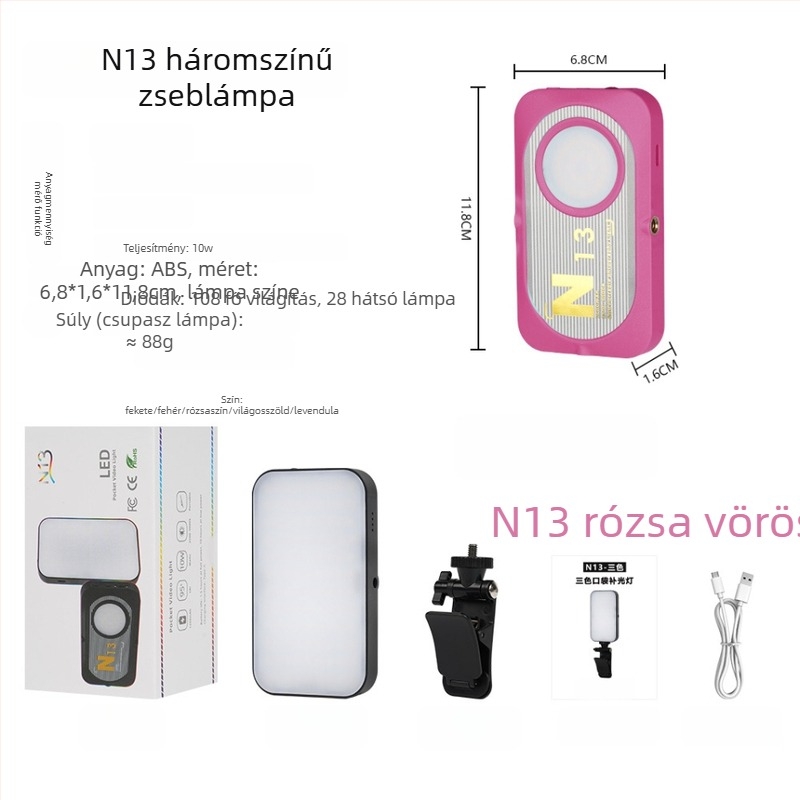 Mini töltőfény fotóhoz, élő közvetítéshez és szelfihez, YOLANS N13, 10–50W, három színhőmérséklet