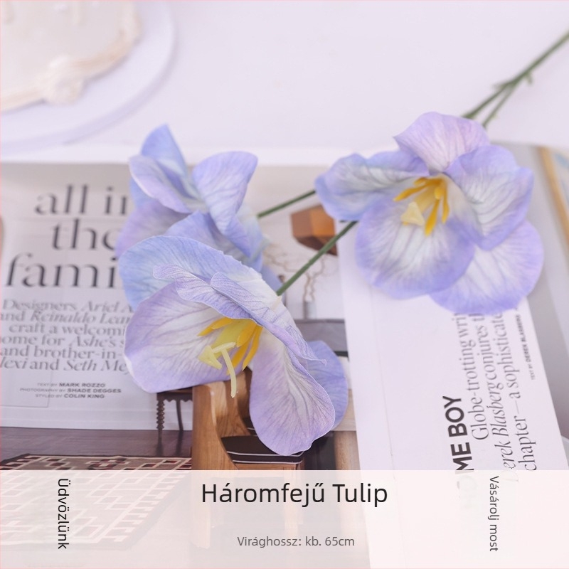 Háromfejű selyem tulipán - hajlított szirmú művirág esküvőre és otthoni dekorációhoz