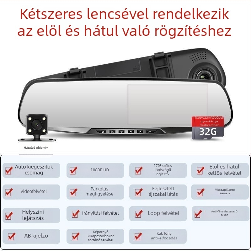 Vezeték nélküli autó DVR, dupla objektív, 1080p videó, 5MP fotók, mindent egyben – hátsó kamera