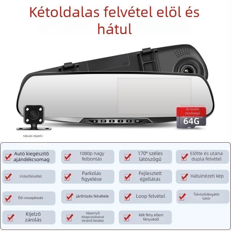Vezeték nélküli autó DVR, dupla objektív, 1080p videó, 5MP fotók, mindent egyben – hátsó kamera