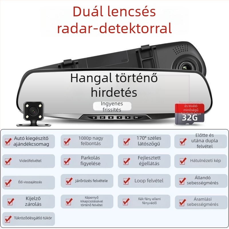 Vezeték nélküli autó DVR, dupla objektív, 1080p videó, 5MP fotók, mindent egyben – hátsó kamera