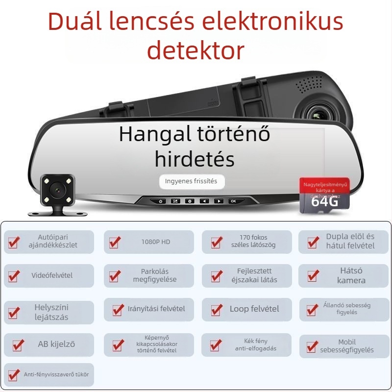 Vezeték nélküli autó DVR, dupla objektív, 1080p videó, 5MP fotók, mindent egyben – hátsó kamera