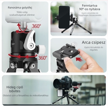Alumínium ötvözetből készült mini asztali tripod golyófejjel és gyorskioldó lemezzel; teherbírás 3 kg; súly 243 g; 1 részes kompakt kialakítás