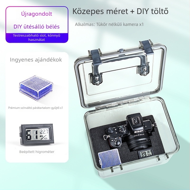 DSLR fényképezőgéphez nedvességálló doboz higrométerrel és penészmentes tömítéssel