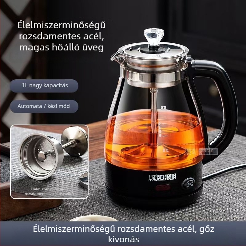 Többfunkciós teafőző boroszilikát üvegből, 1 L-ig, 600 W, 220 V, gombos vezérlés, 2–3 személynek