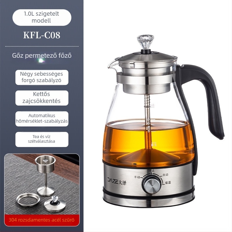 Többfunkciós teafőző boroszilikát üvegből, 1 L-ig, 600 W, 220 V, gombos vezérlés, 2–3 személynek