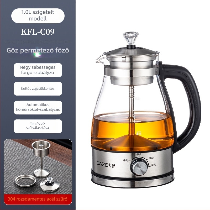 Többfunkciós teafőző boroszilikát üvegből, 1 L-ig, 600 W, 220 V, gombos vezérlés, 2–3 személynek