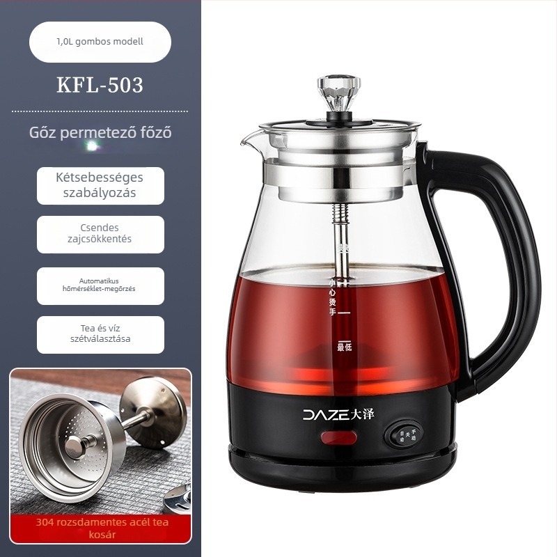 Többfunkciós teafőző boroszilikát üvegből, 1 L-ig, 600 W, 220 V, gombos vezérlés, 2–3 személynek