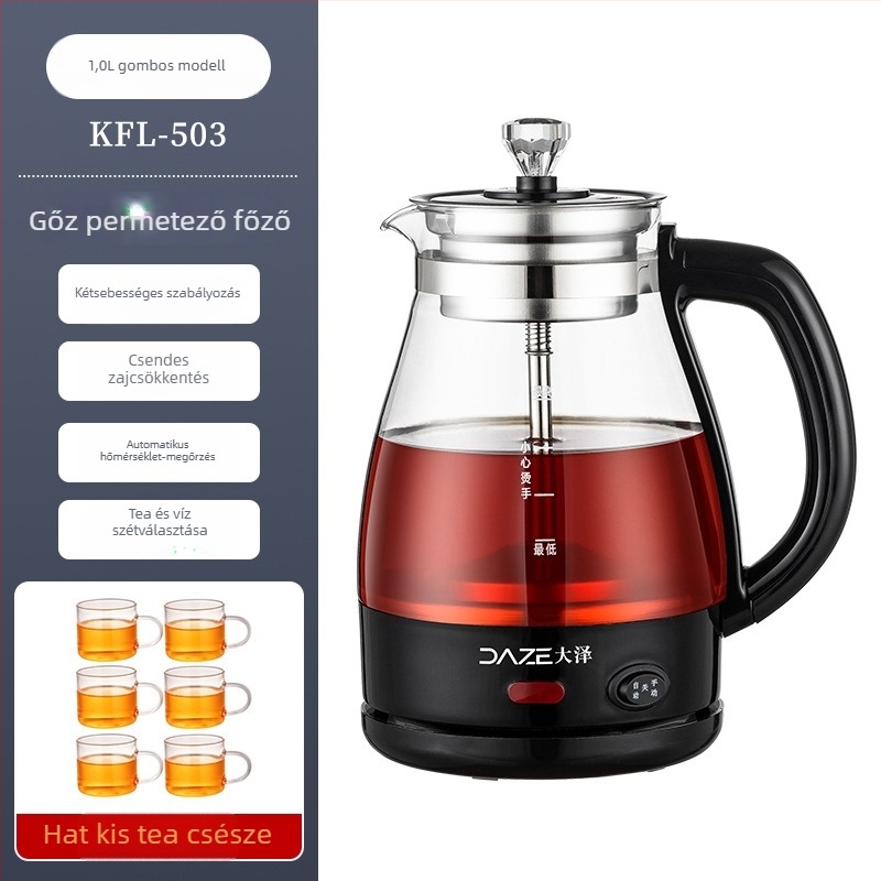 Többfunkciós teafőző boroszilikát üvegből, 1 L-ig, 600 W, 220 V, gombos vezérlés, 2–3 személynek