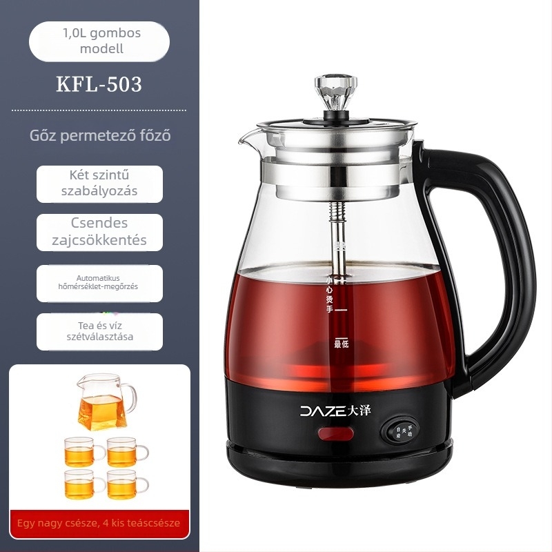 Többfunkciós teafőző boroszilikát üvegből, 1 L-ig, 600 W, 220 V, gombos vezérlés, 2–3 személynek