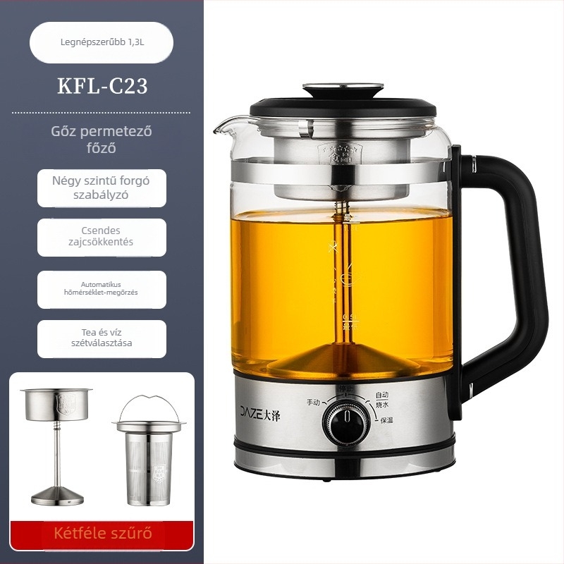 Többfunkciós teafőző boroszilikát üvegből, 1 L-ig, 600 W, 220 V, gombos vezérlés, 2–3 személynek