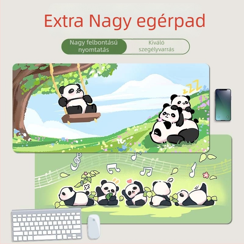 Kézzel festett panda egérpad, oversized méret, vastag szegéllyel, csúszásmentes felülettel, nagy asztali matrac