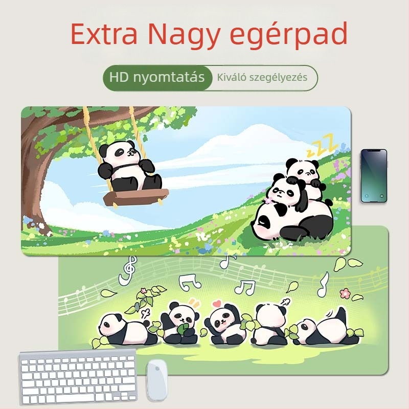 Kézzel festett panda egérpad, oversized méret, vastag szegéllyel, csúszásmentes felülettel, nagy asztali matrac