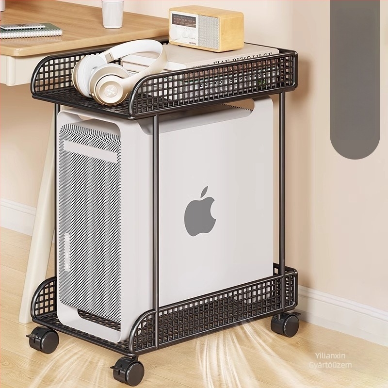 Kétszintes padlóra álló PC-állvány görgőkkel – vasból készült, modern minimalist stílus, otthoni és irodai tároló