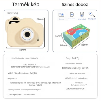 A3 Gyerekeknek szóló digitális kamera – Rajzfilm-stílusú kialakítás, 2.0 hüvelykes LCD, 20MP, TF-kártya tárhely, 60–90 perc akkumulátor-élettartam