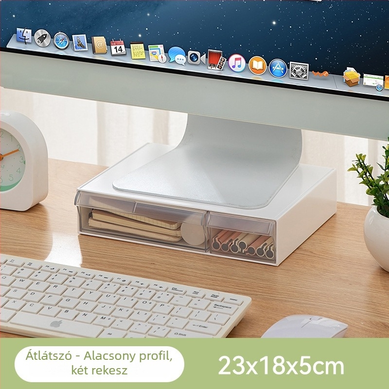 Asztali monitoremelő polc – átlátszó többszintű kialakítás, műanyagból, egyszerű és modern stílus