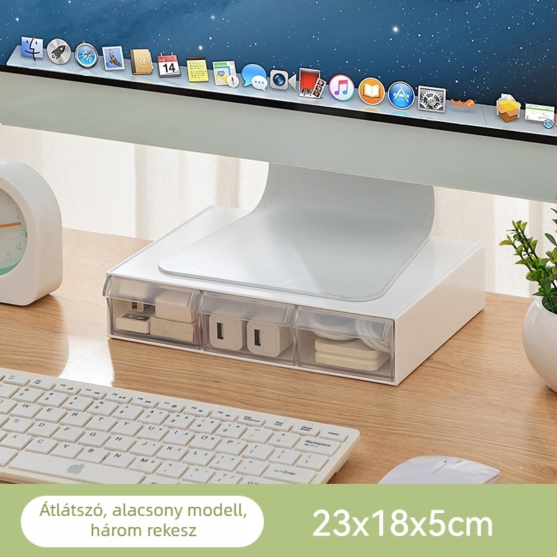 Asztali monitoremelő polc – átlátszó többszintű kialakítás, műanyagból, egyszerű és modern stílus